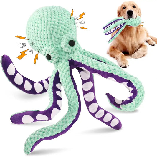 Plush octopus toy with mint green body and purple tentacles.