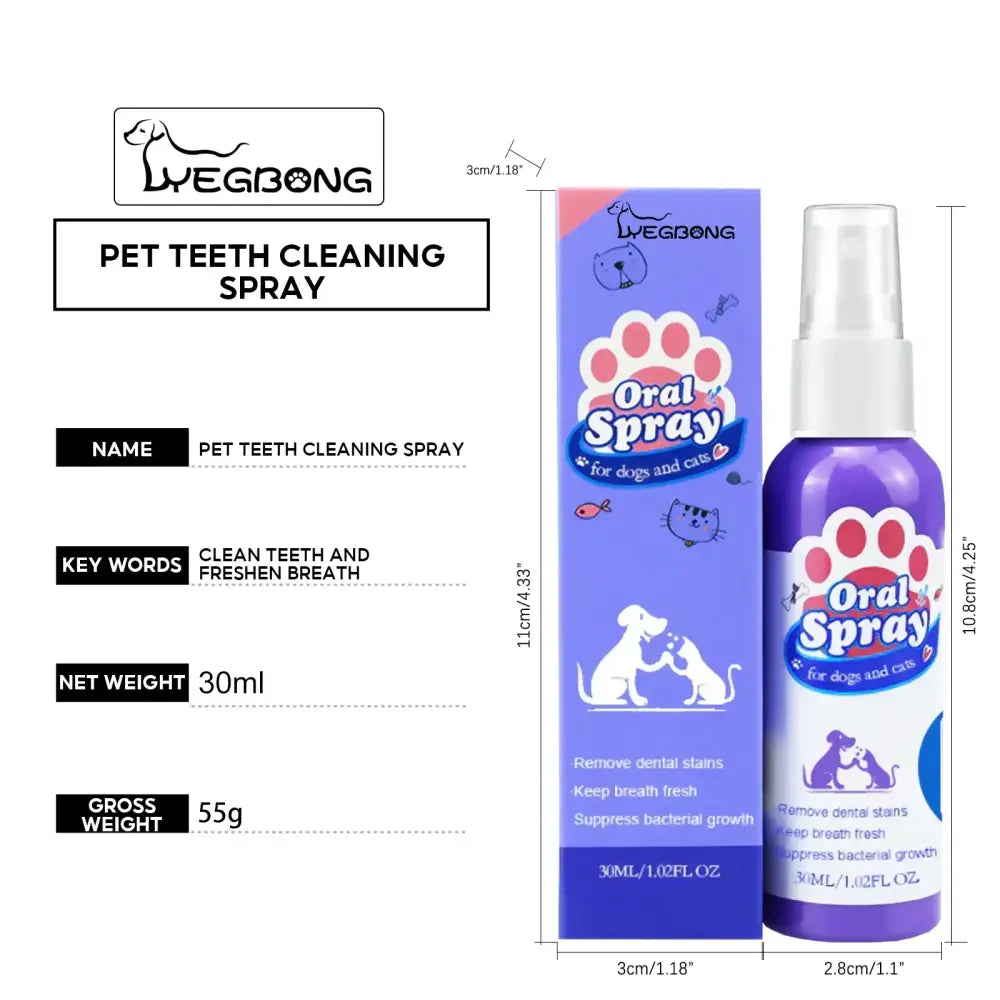 Pet teeth cleaning spray product with packaging and label details shown.