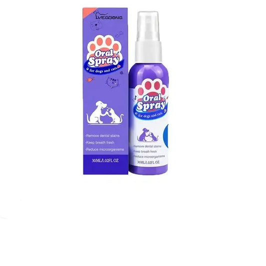 Purple bottle of oral spray for pets with a colorful paw print logo on the label.