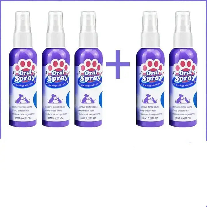 Purple spray bottles of pet oral care product labeled ’Oral Spray’ with paw print logos.