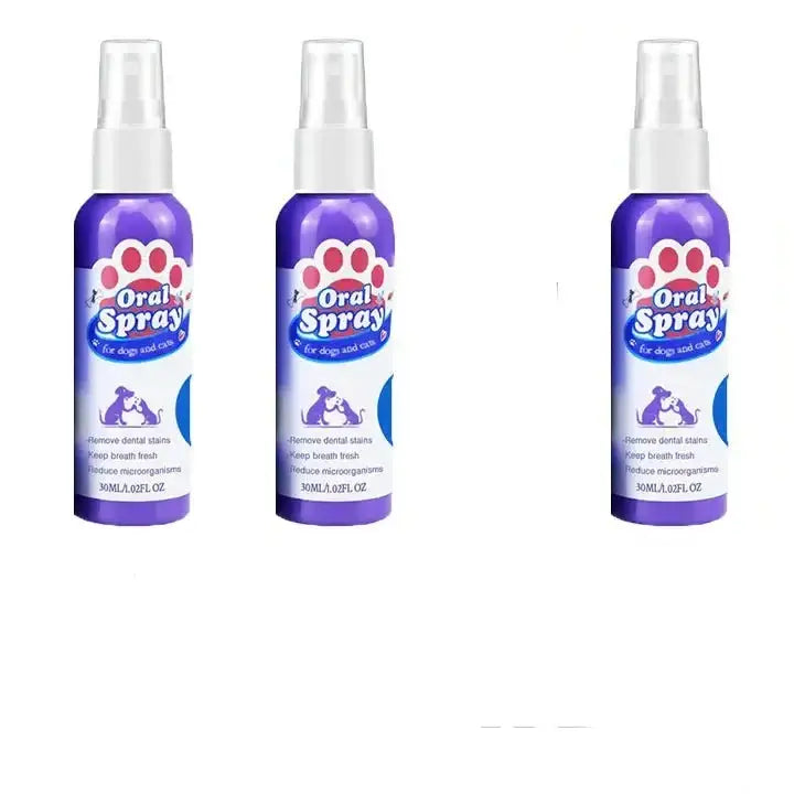 Three purple spray bottles of pet oral spray.