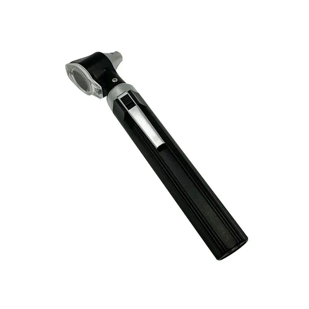 Handheld otoscope with black handle and silver head for examining ear canals.