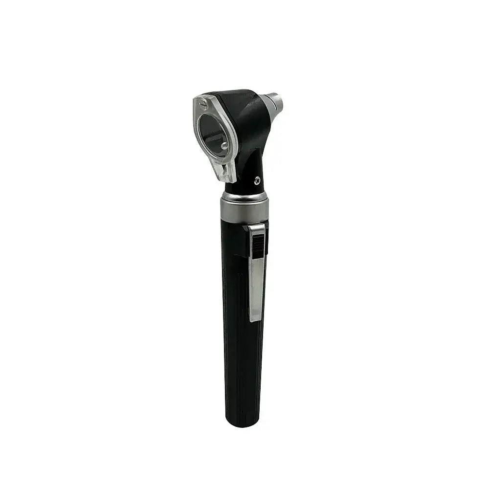 Handheld otoscope with black handle and silver head for examining ears.