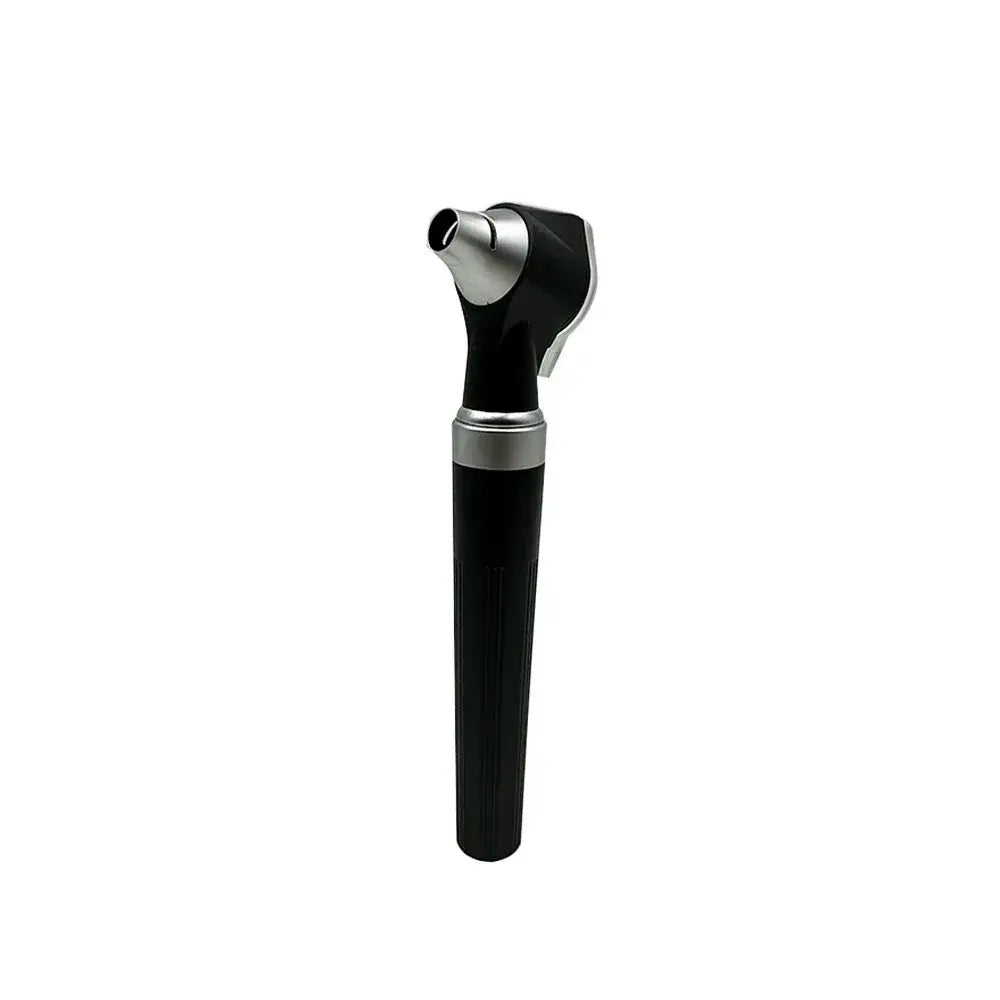 Handheld otoscope with black handle and silver head for examining ear canals.