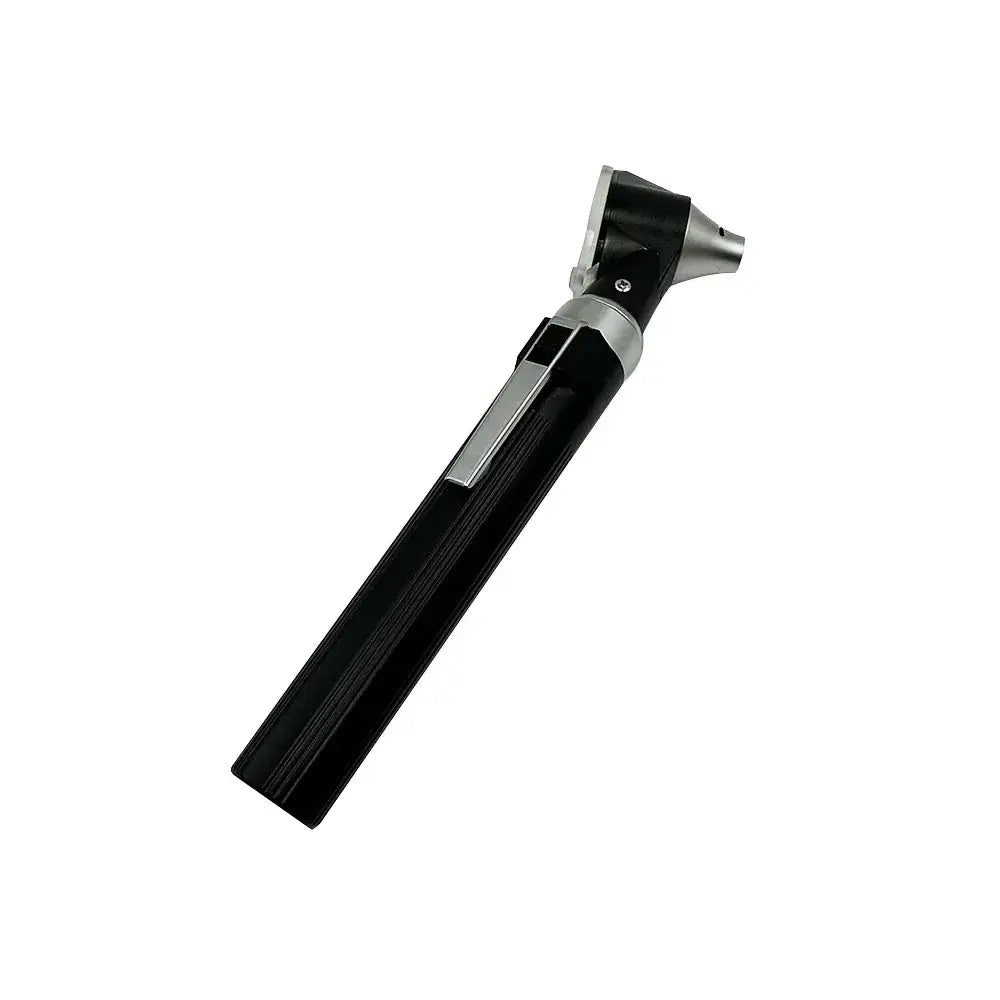 Handheld otoscope with black handle and silver examination tip.