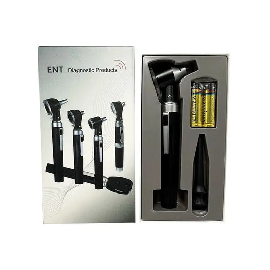 Otoscope set with various attachments and batteries for ENT diagnostic examinations.