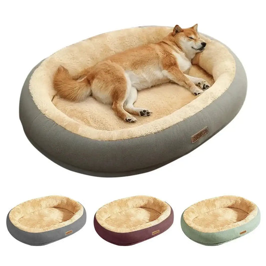 Cozy oval-shaped dog bed with a sleeping Shiba Inu and color options shown below.