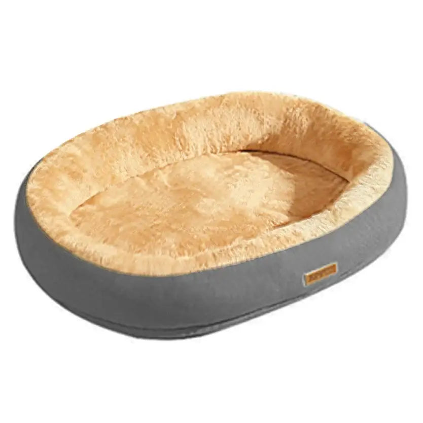 Oval-shaped pet bed with plush beige interior and gray exterior.