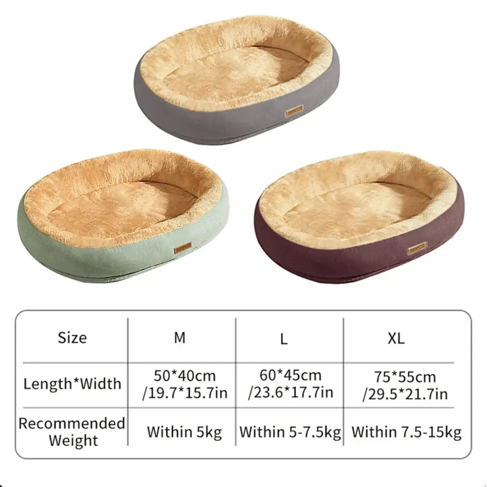 Oval-shaped pet beds in three different colors with plush interiors.