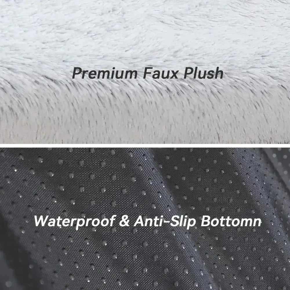 Close-up view of a fabric sample showing faux plush texture on top and waterproof anti-slip material on bottom.