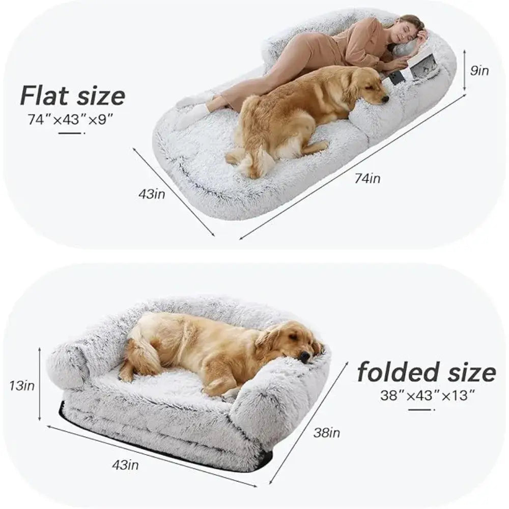 Convertible dog bed that unfolds into a larger sleeping surface for both pets and humans.