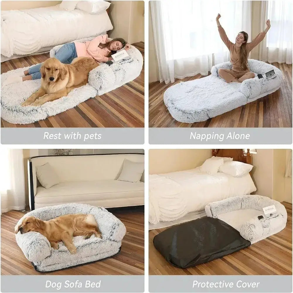 Plush, bean-shaped pet bed that can also accommodate a person.