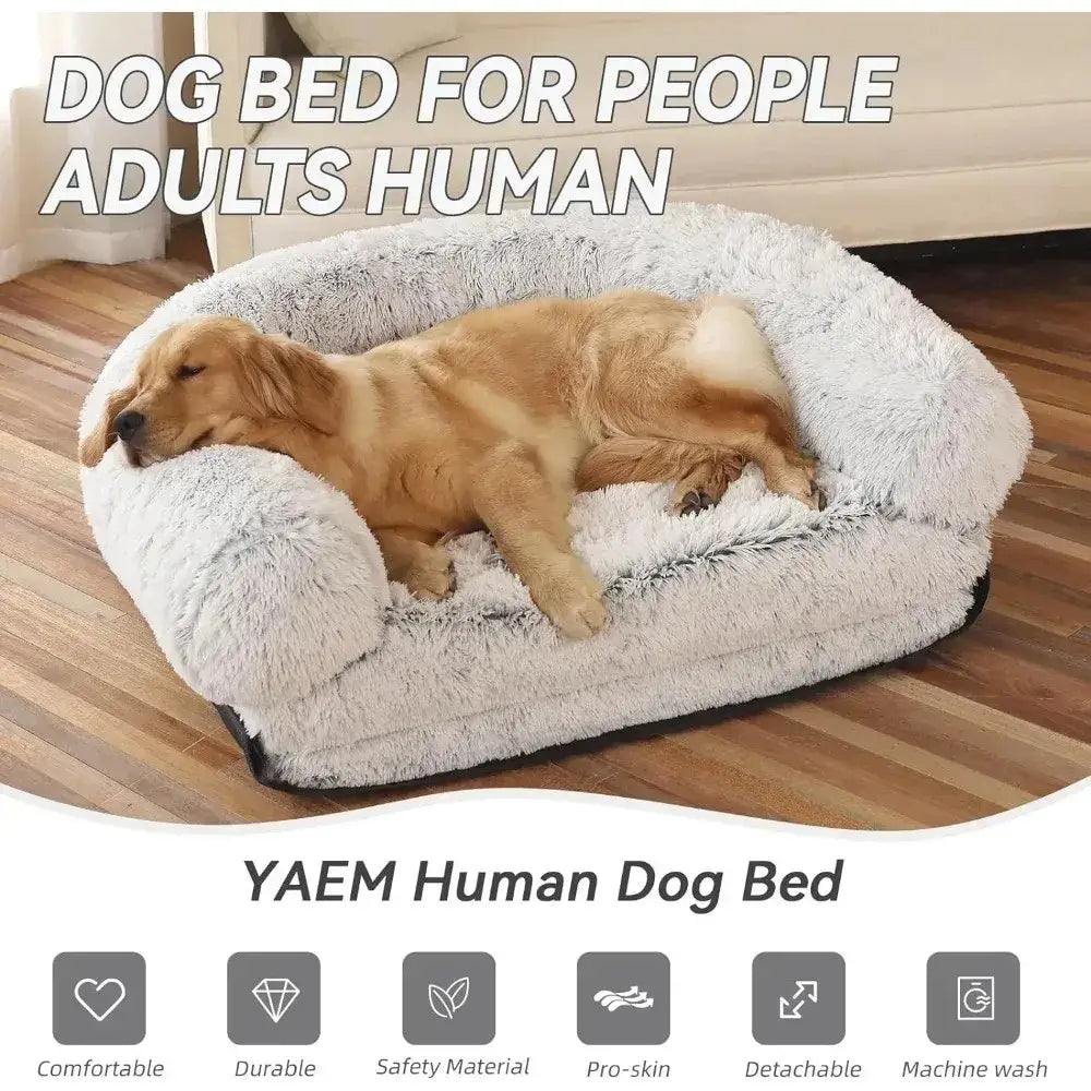 Plush, cozy-looking dog bed occupied by a sleeping golden retriever.