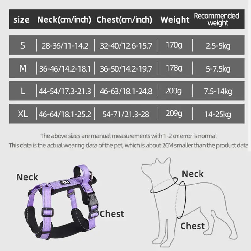 Size chart and diagram for a dog harness with measurement instructions.