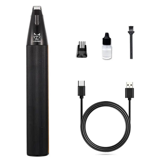 Black electric beard trimmer with various attachments and a USB charging cable.