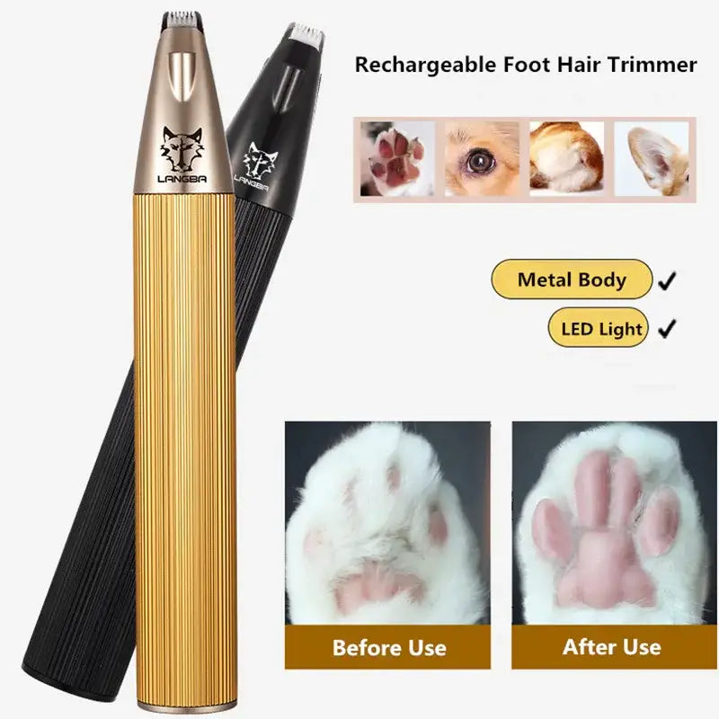 Rechargeable foot hair trimmer with a metal body and LED light.