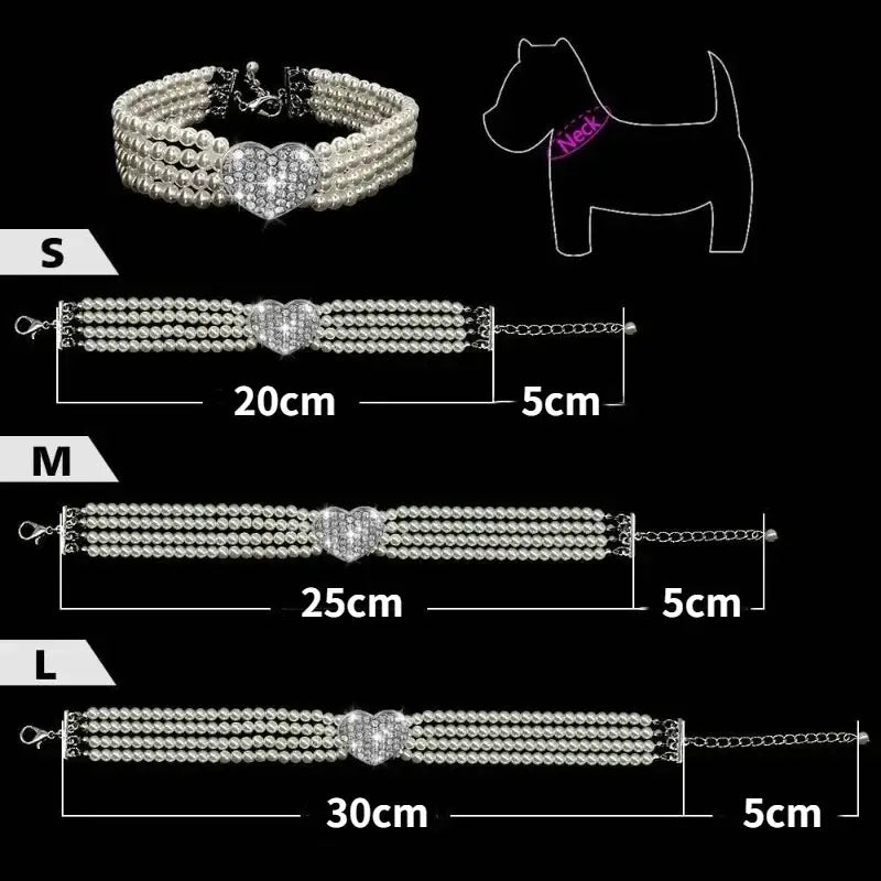 Pearl-like beaded dog collar with a heart-shaped centerpiece.