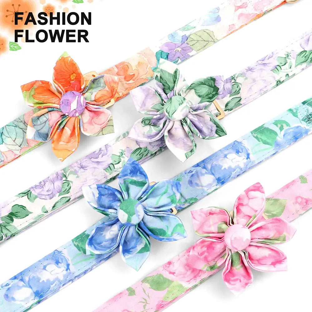 Colorful fabric flower accessories on patterned ribbons.