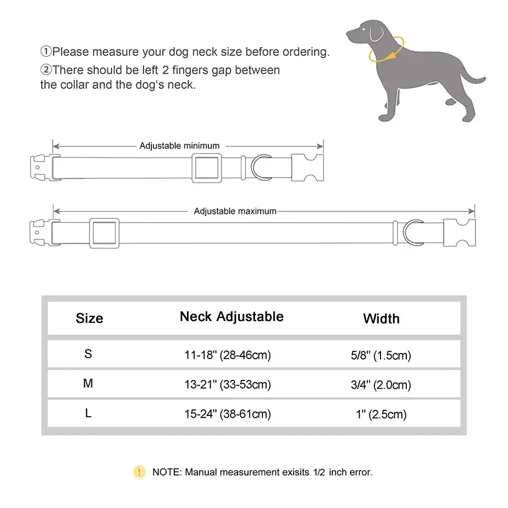 Dog collar sizing guide with measurements and instructions.