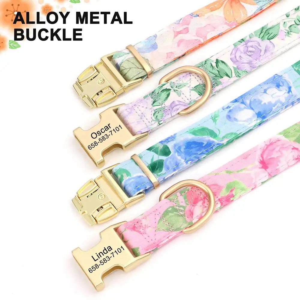 Floral patterned dog collars with gold-colored metal buckles.