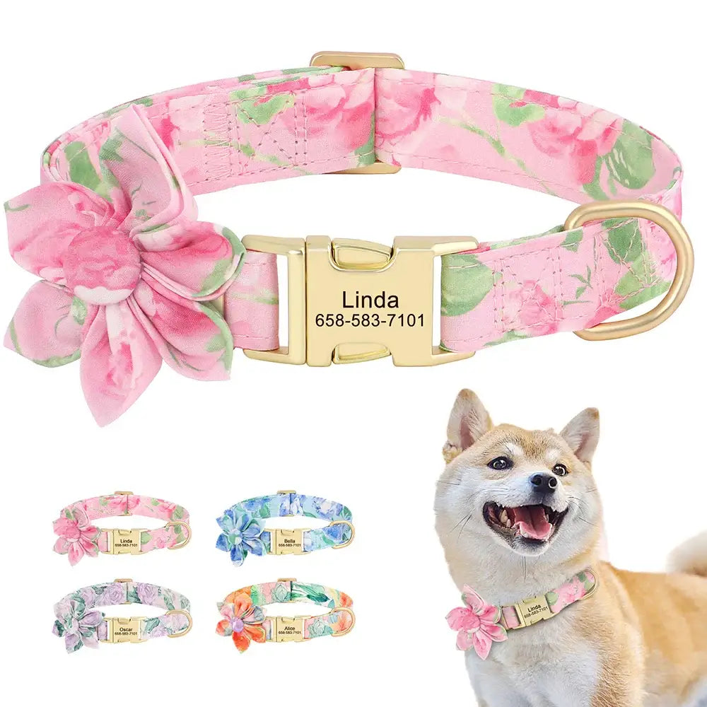 Pink floral dog collar with a gold buckle and customizable name tag.