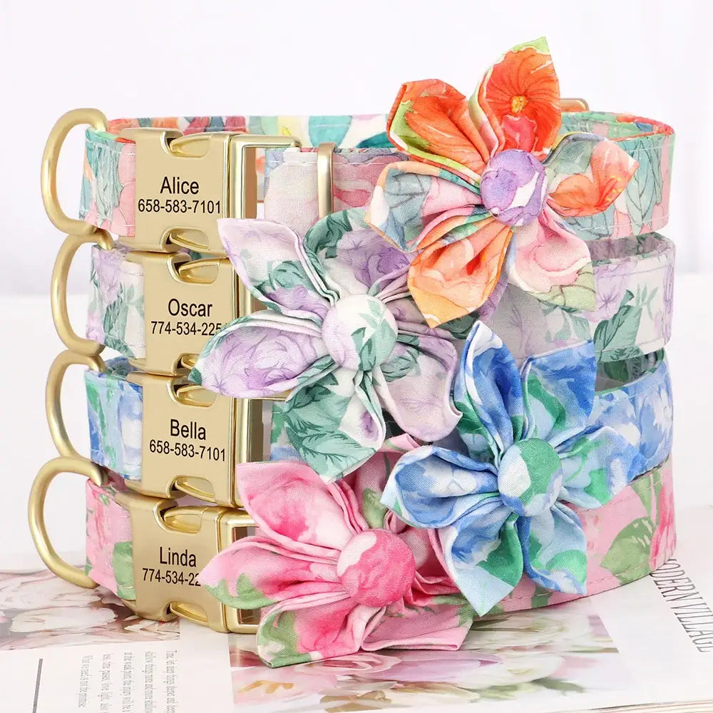 Stack of personalized coffee mugs adorned with colorful fabric flowers.