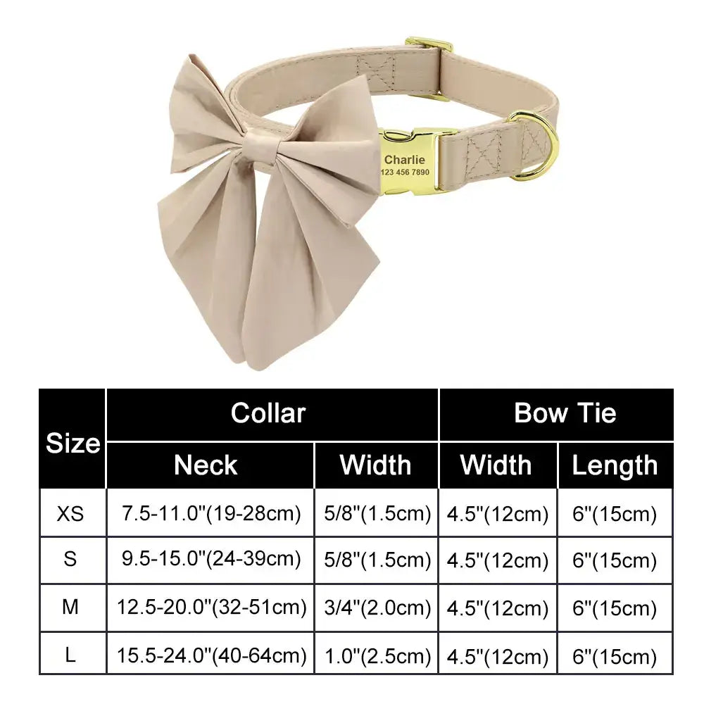 Beige dog collar with an oversized bow tie attachment and size chart.