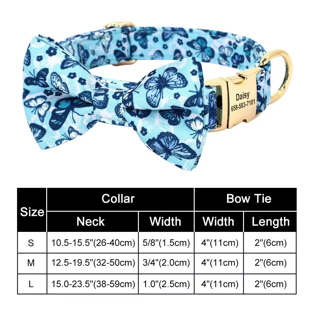 Blue butterfly-patterned dog collar with a bow tie and gold buckle.