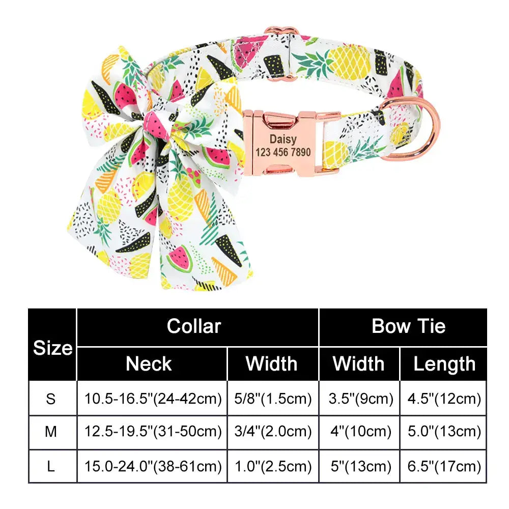 Colorful fruit-patterned dog collar with a bow and size chart.