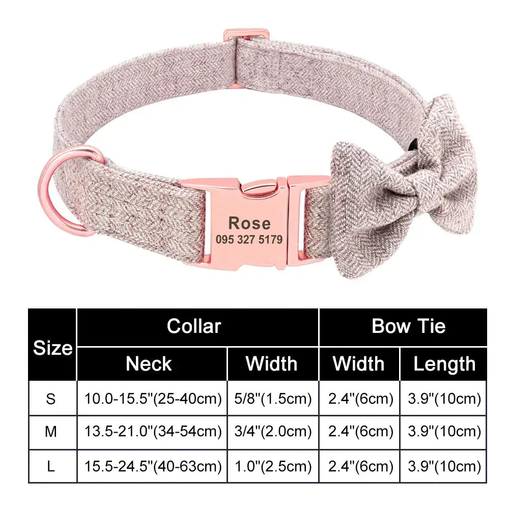 Dog collar with a bow tie and personalized name tag in pink and gray tweed fabric.