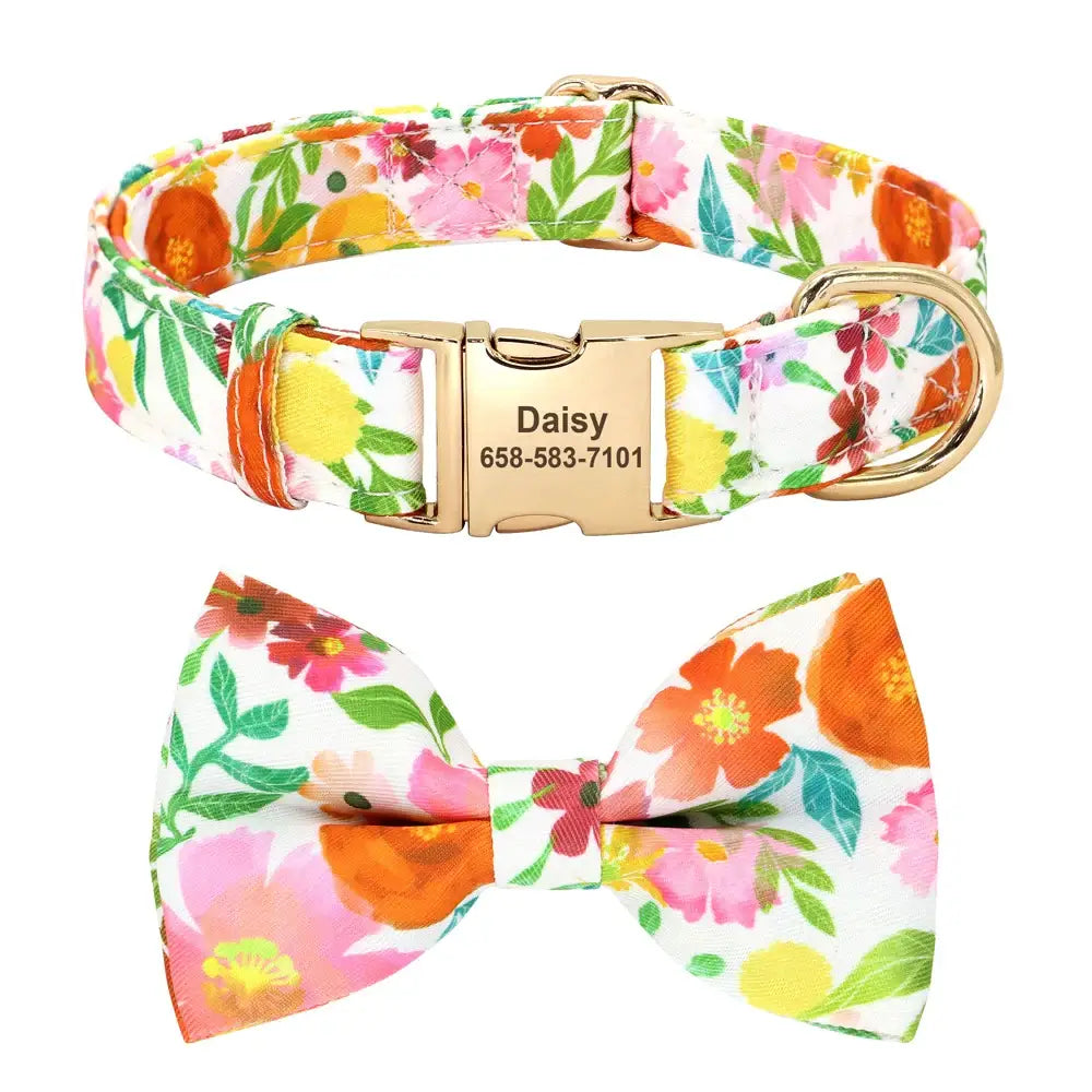 Floral patterned dog collar with matching bow tie and personalized name tag.