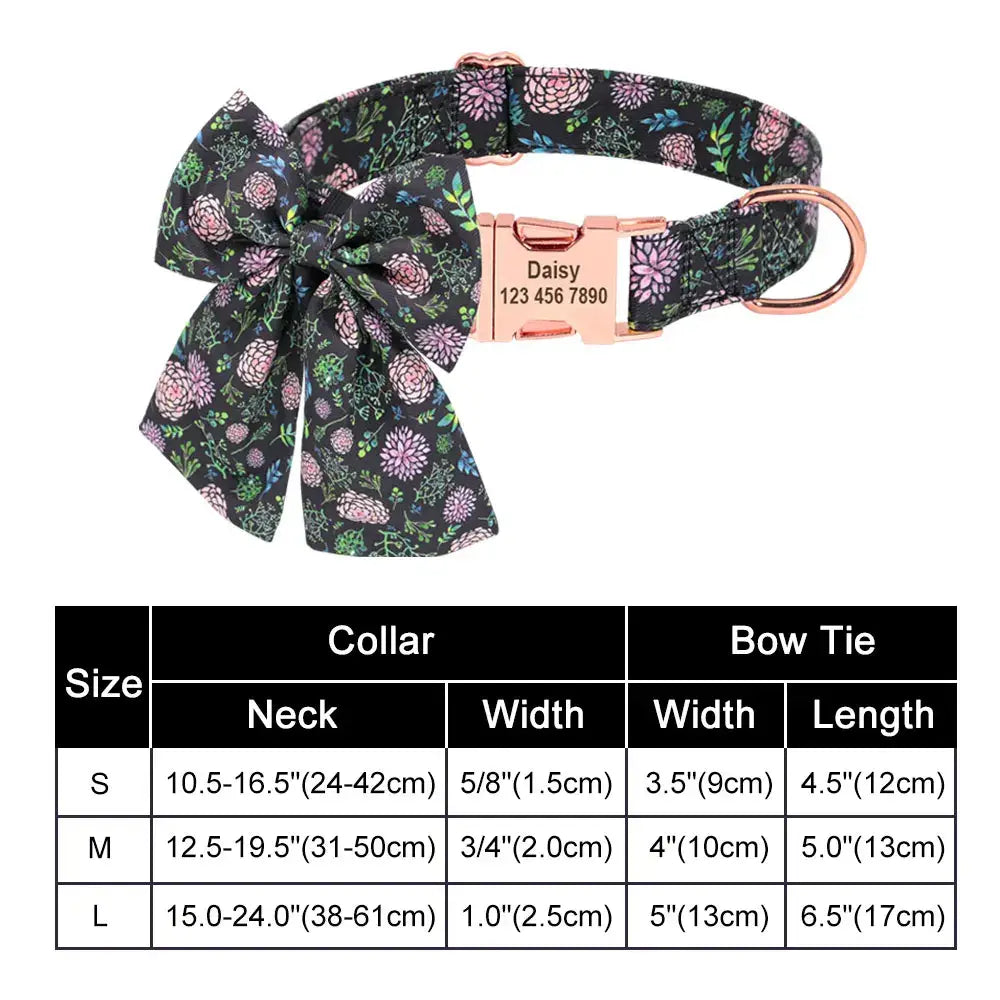 Floral patterned dog collar with a detachable bow and personalized name tag.