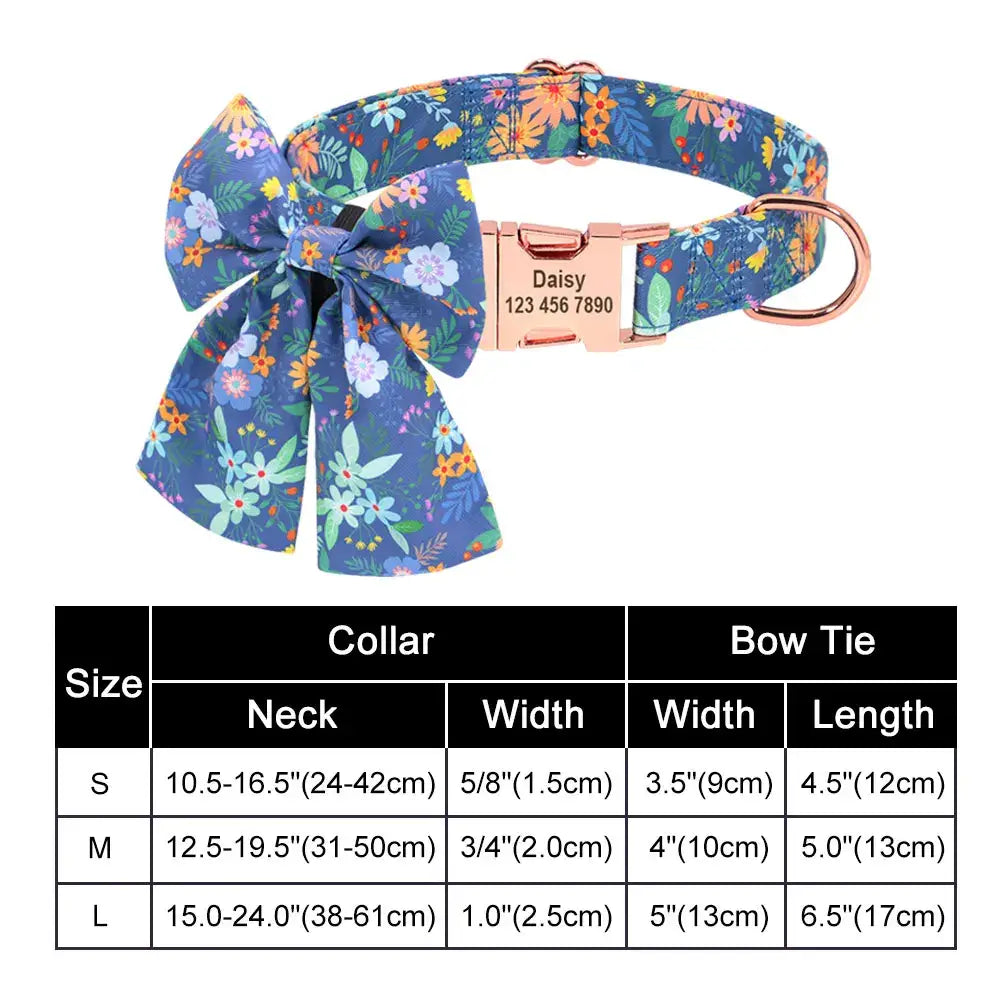 Floral patterned dog collar with a bow and size chart.