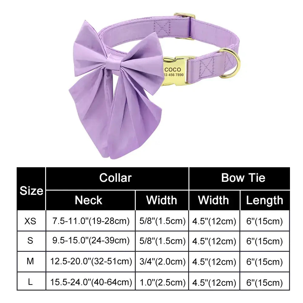 Lavender dog collar with an oversized bow tie attachment and a size chart below.