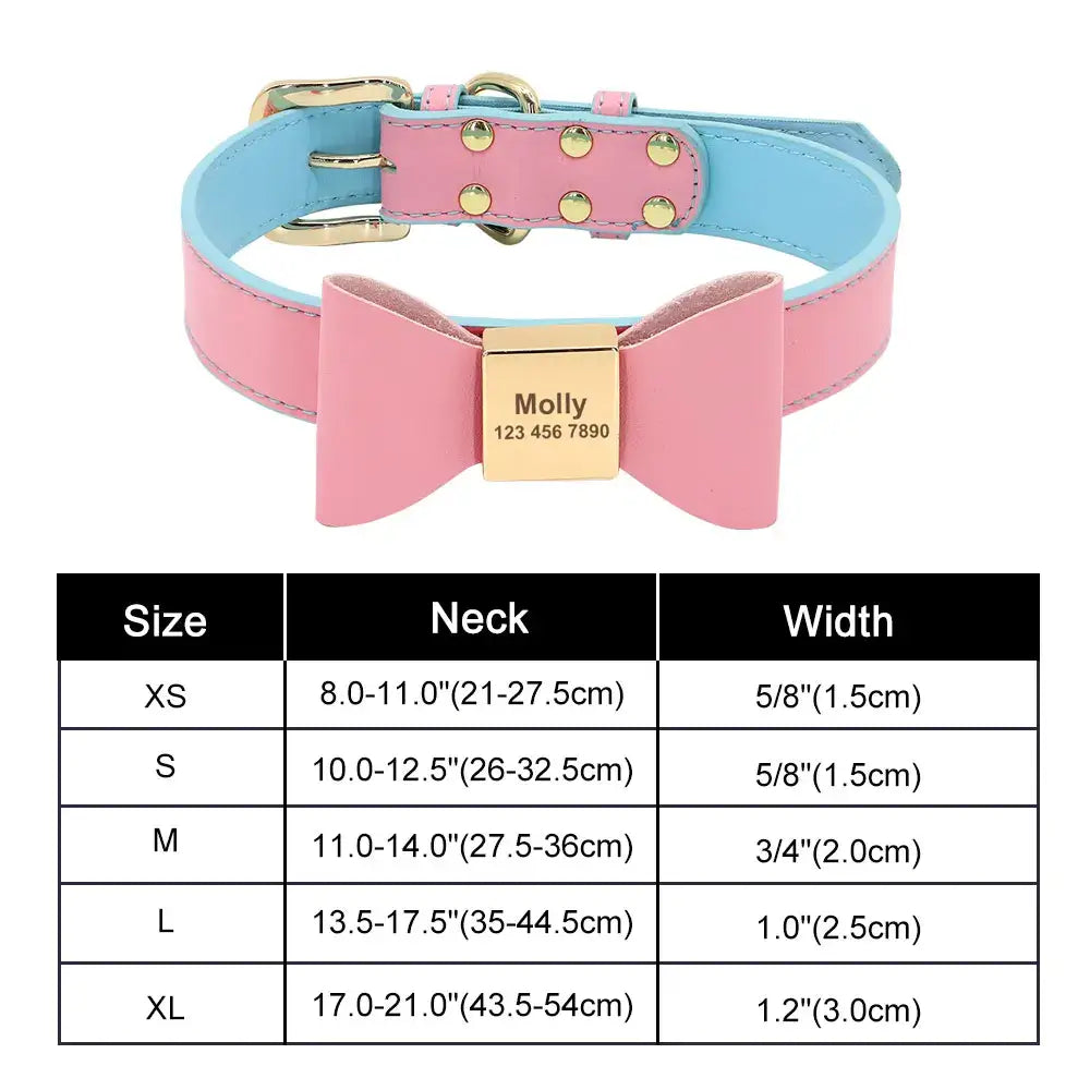 Pink and blue dog collar with a bow and personalized gold nameplate.