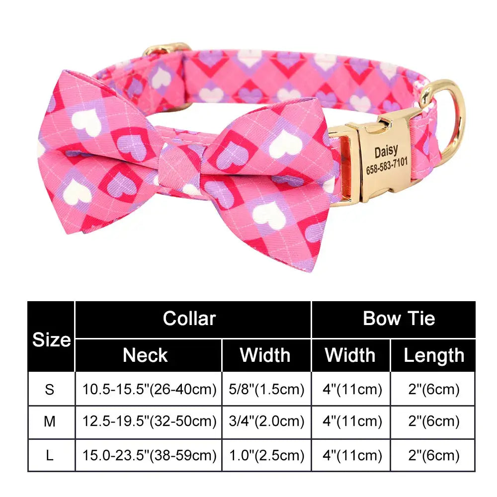 Pink dog collar with heart pattern and attached bow tie, featuring a size chart below.