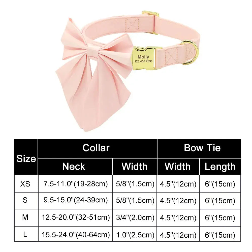 Pink dog collar with an oversized bow tie and a size chart below.