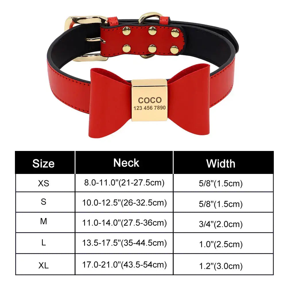 Red leather dog collar with a decorative bow and gold hardware, accompanied by a size chart.