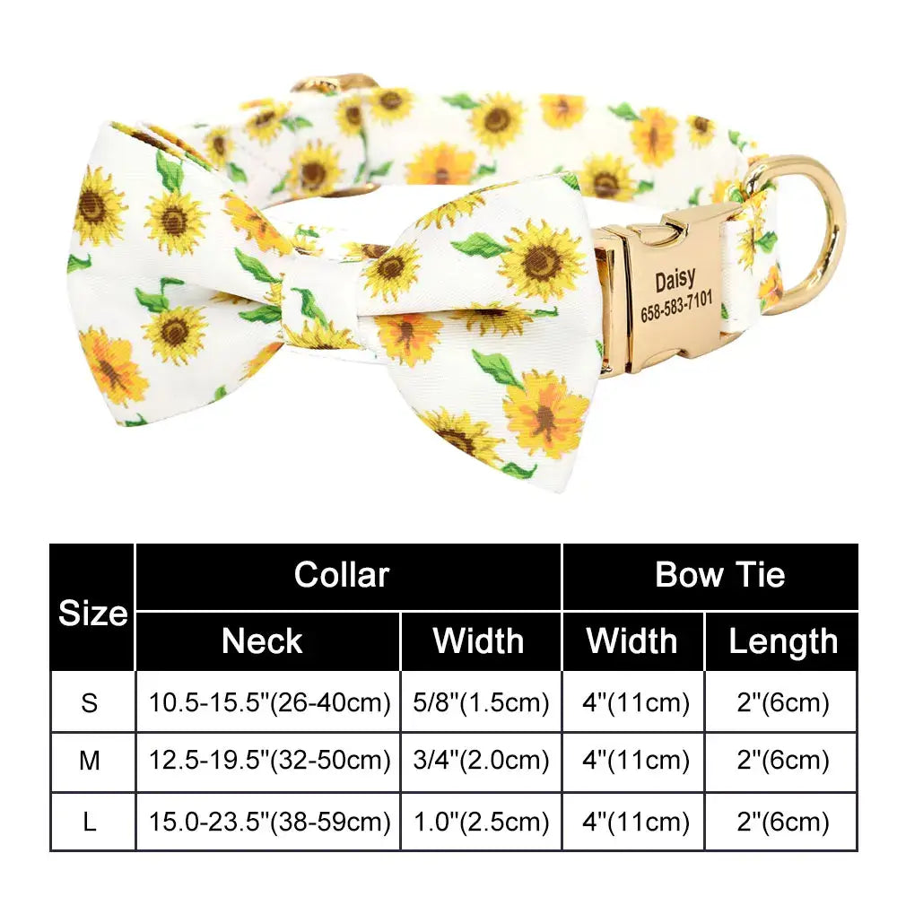 Sunflower-patterned dog collar with attached bow tie and size chart.