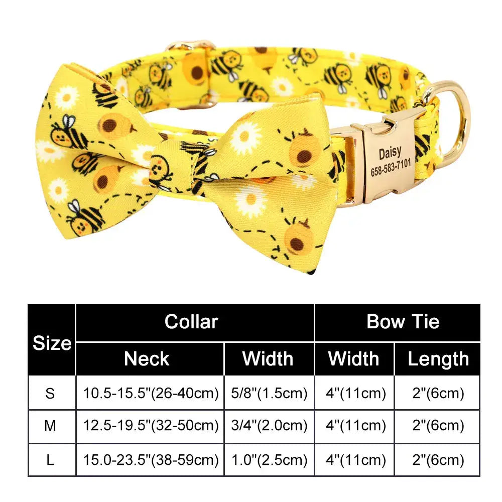 Yellow dog collar with a bow tie featuring a cheerful bee pattern.