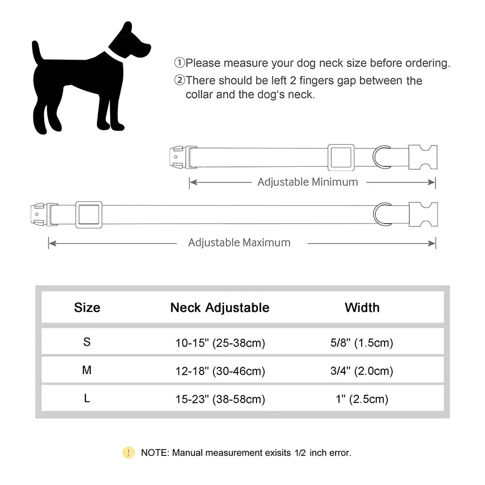 Dog collar sizing guide with silhouette and measurement instructions.