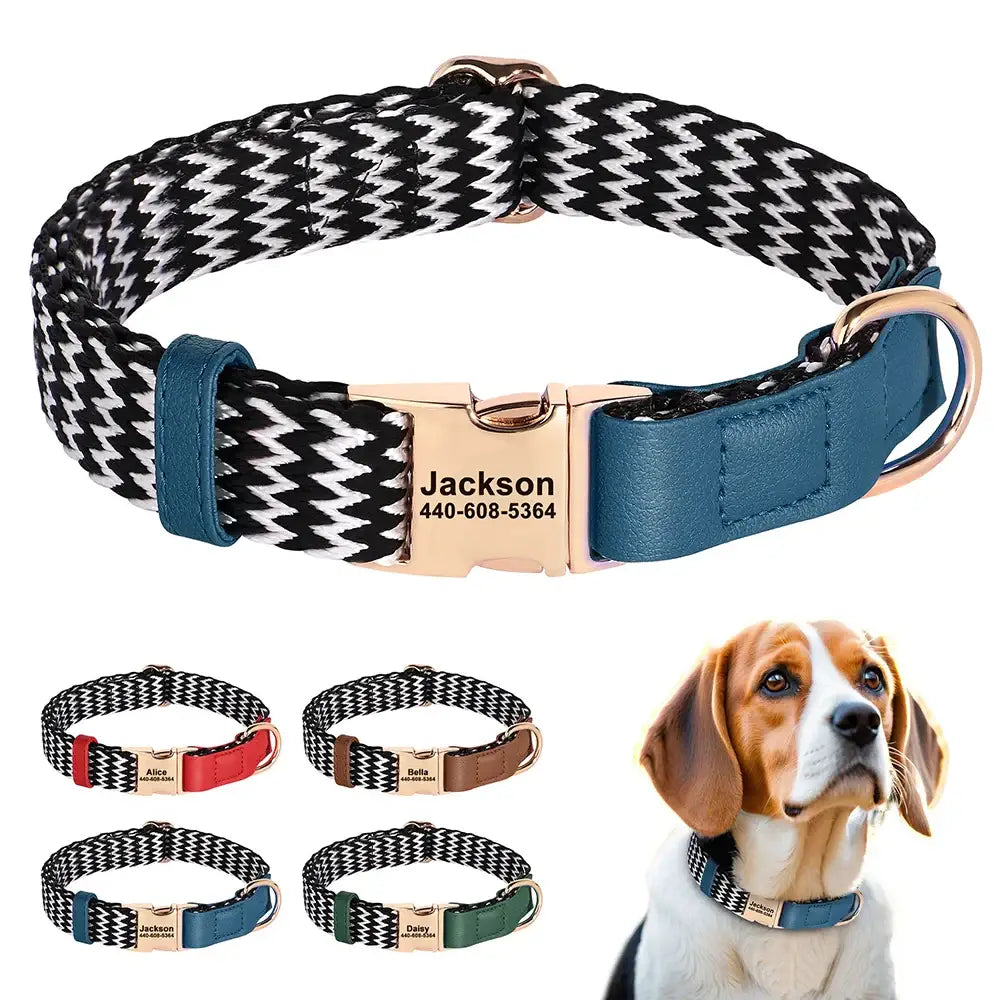 Personalized dog collar with a black and white chevron pattern and blue leather accents.