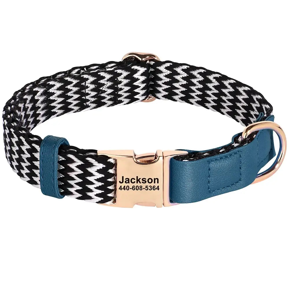 Stylish black and white patterned dog collar with blue leather accents and a rose gold nameplate.