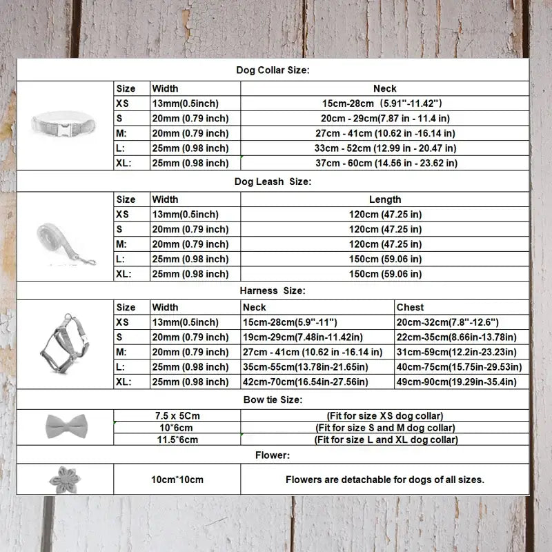 Size chart for dog accessories including collars, leashes, harnesses, and bows.