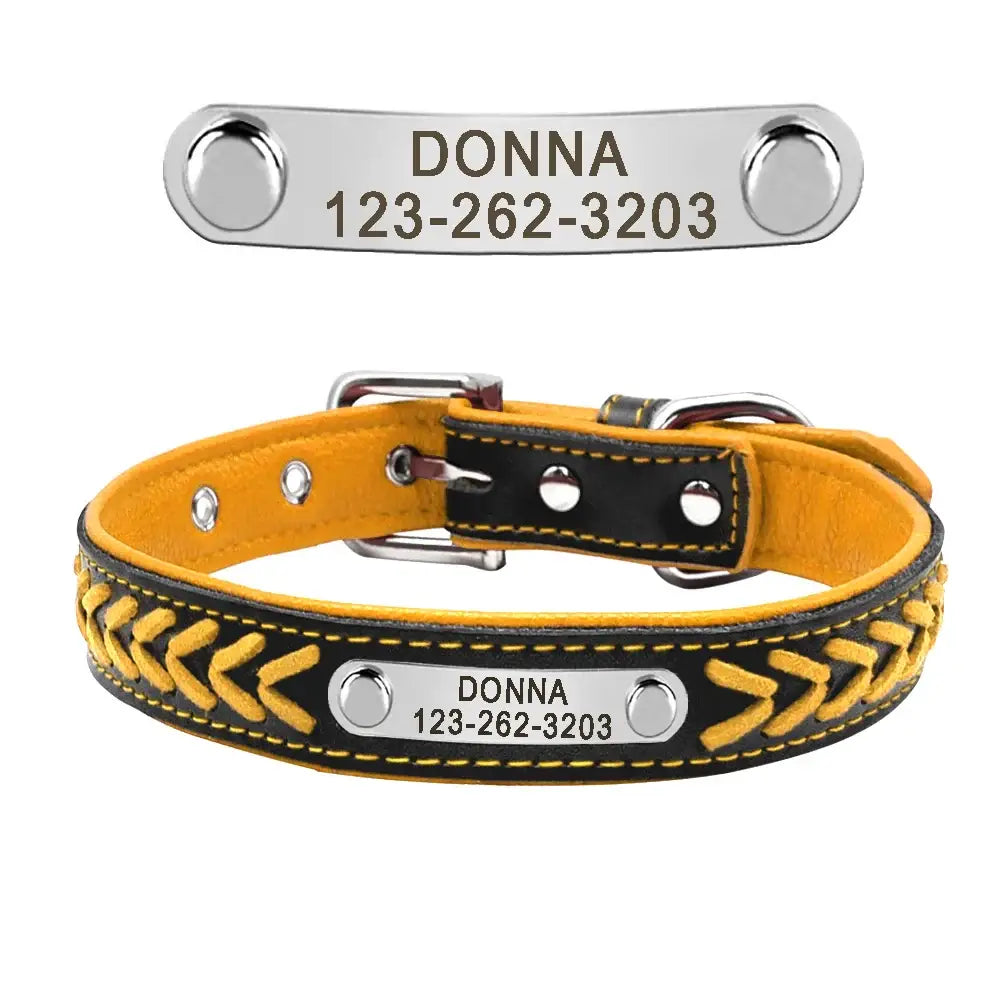 Dog collar with a personalized nameplate and yellow leather accents.