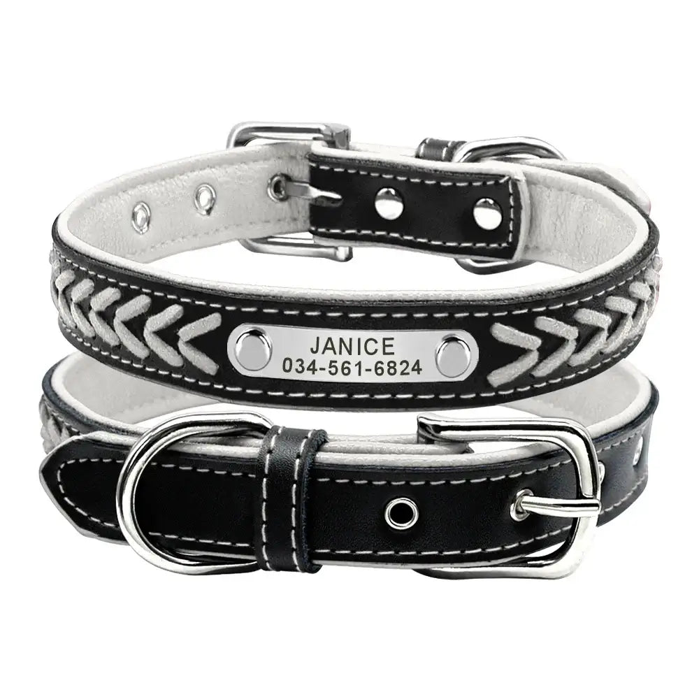 Personalized leather dog collar with braided design and metal nameplate.