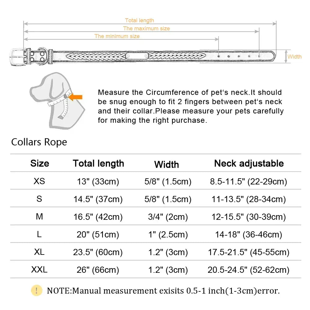 Pet collar with sizing chart and measurement instructions.