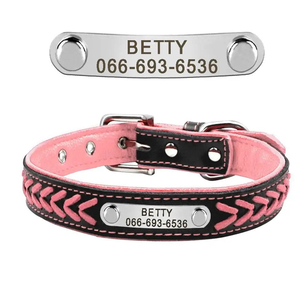 Pink and black leather dog collar with a personalized metal nameplate.