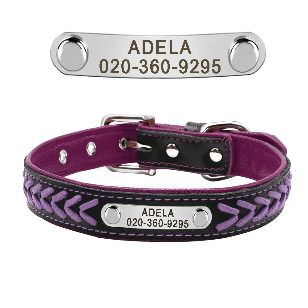 Purple leather dog collar with braided pattern and metal identification tag.