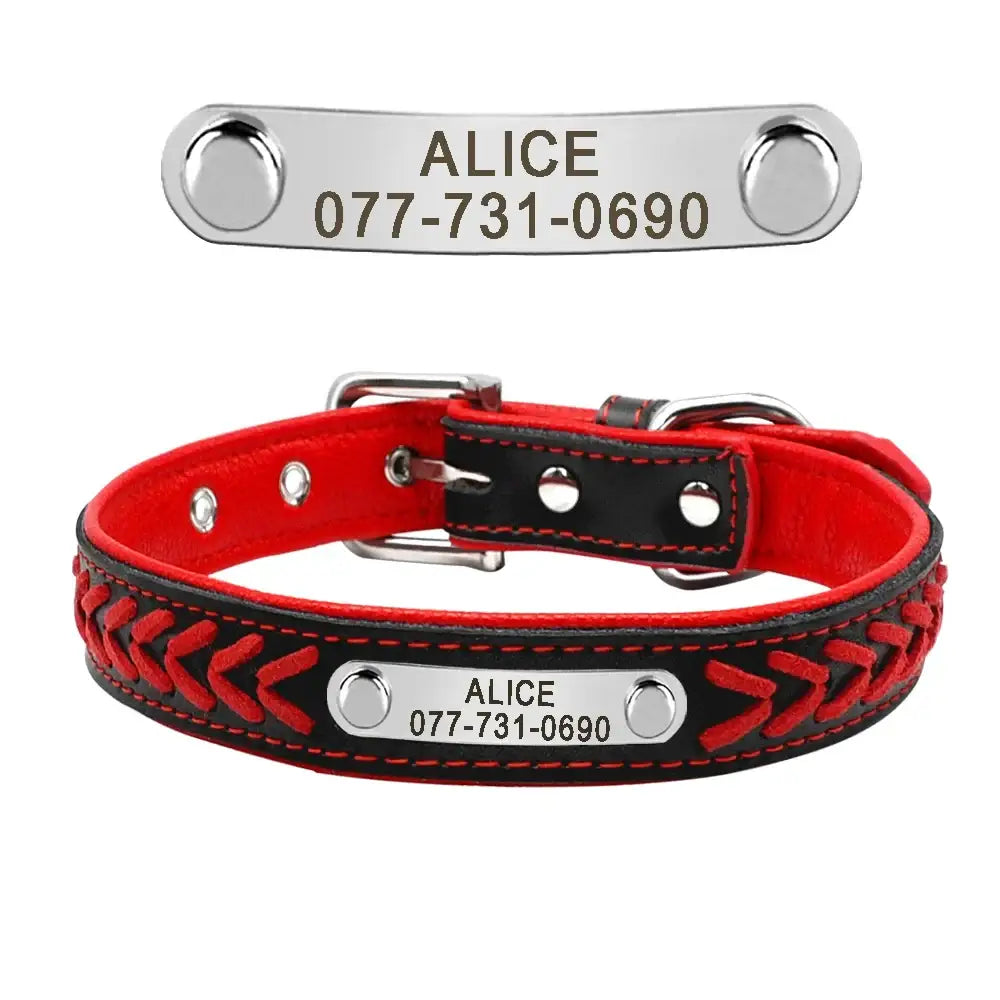 Red leather dog collar with a braided pattern and personalized metal nameplate.